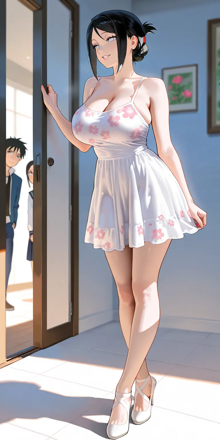 Masterpiece, newest, vibrant, very aesthetic, high contrast, mature woman, white eyes, black hair, hinata\(boruto\), ballerina bun hair, white mini spaghetti strap housedress (pink floral motif), white strappy high heels, perfect 
big breast, full body, pa...