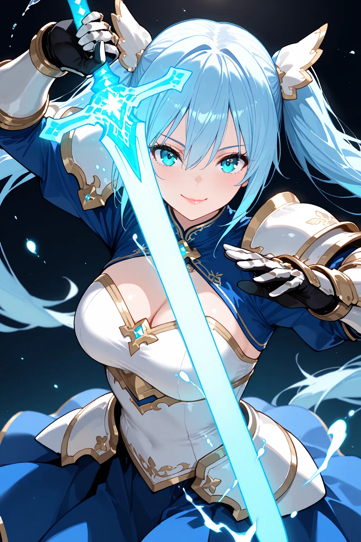 1girl ,natural face,eyelashes,lips gloss,, blue hair,twintails, , straight hair,hairs between eyes,,  female swordmaster, blue skirt, white bustier, gauntlets, beautiful smile, fighting pose, atttack stance, ascii art, lens flare, glowing sword, luminous d...