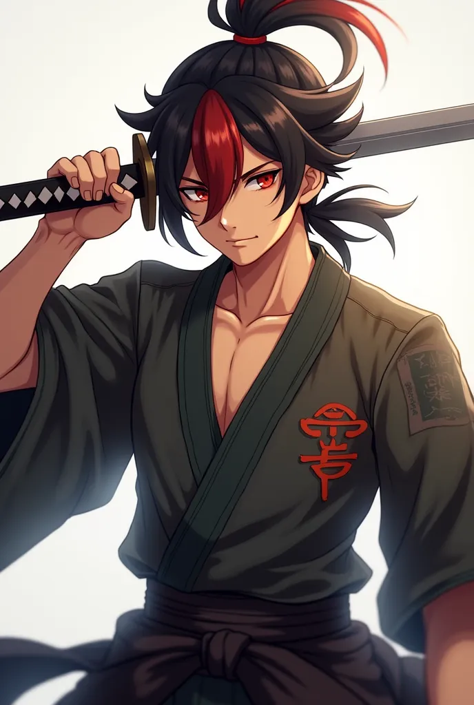 Anime style boy, sales in the eyes, a red tuft in the hair, and with a samurai ponytail, And with the sword in his hand AND SAMURAI CLOTHES