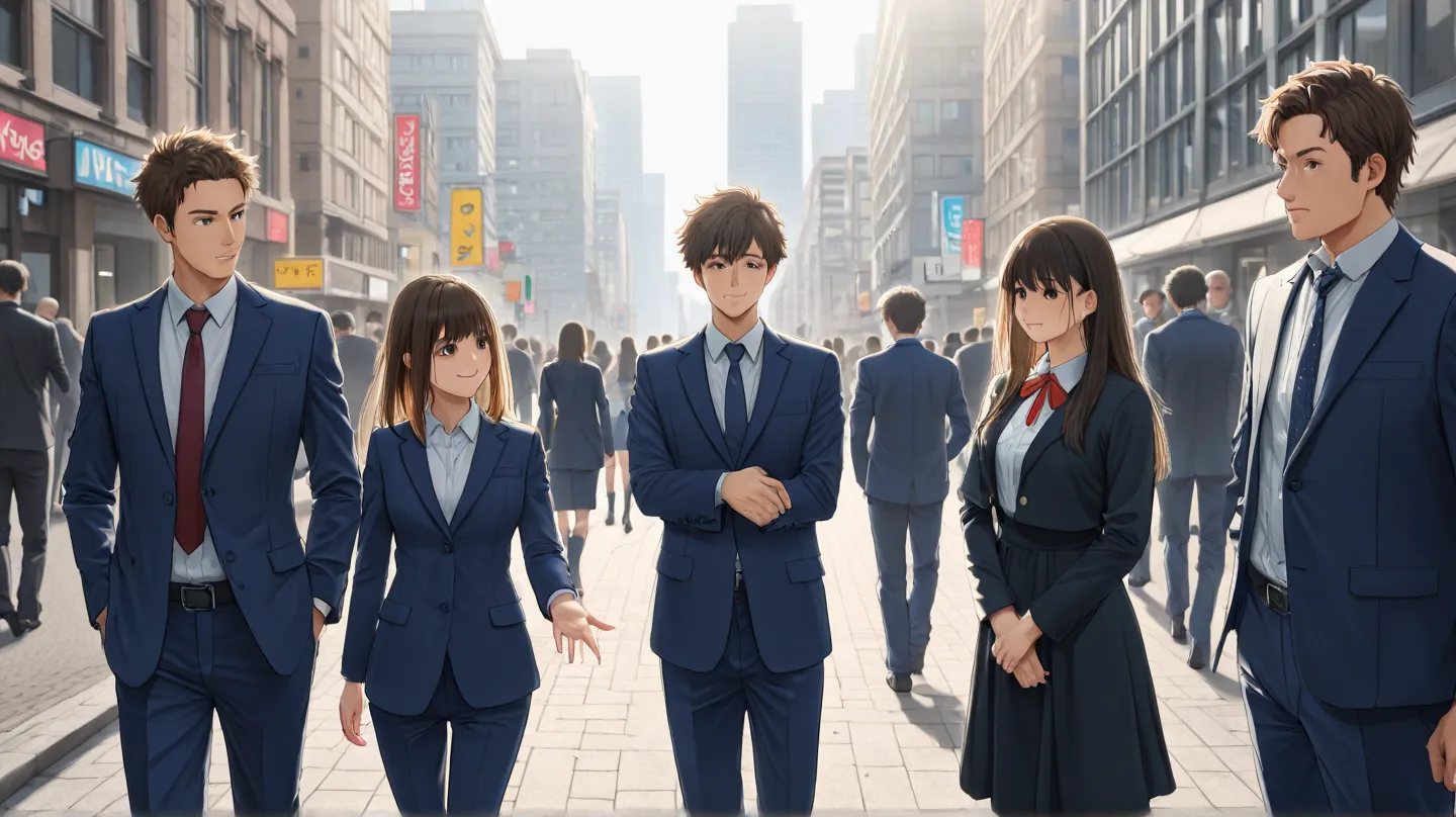 with buildings in an urban office district in the background、only young male and female job hunting students in suits stand。there is a hustle and bustle of business around them、Their surroundings are quiet、希望に満ちた Emojiを浮かべている。in a city that makes you feel ...