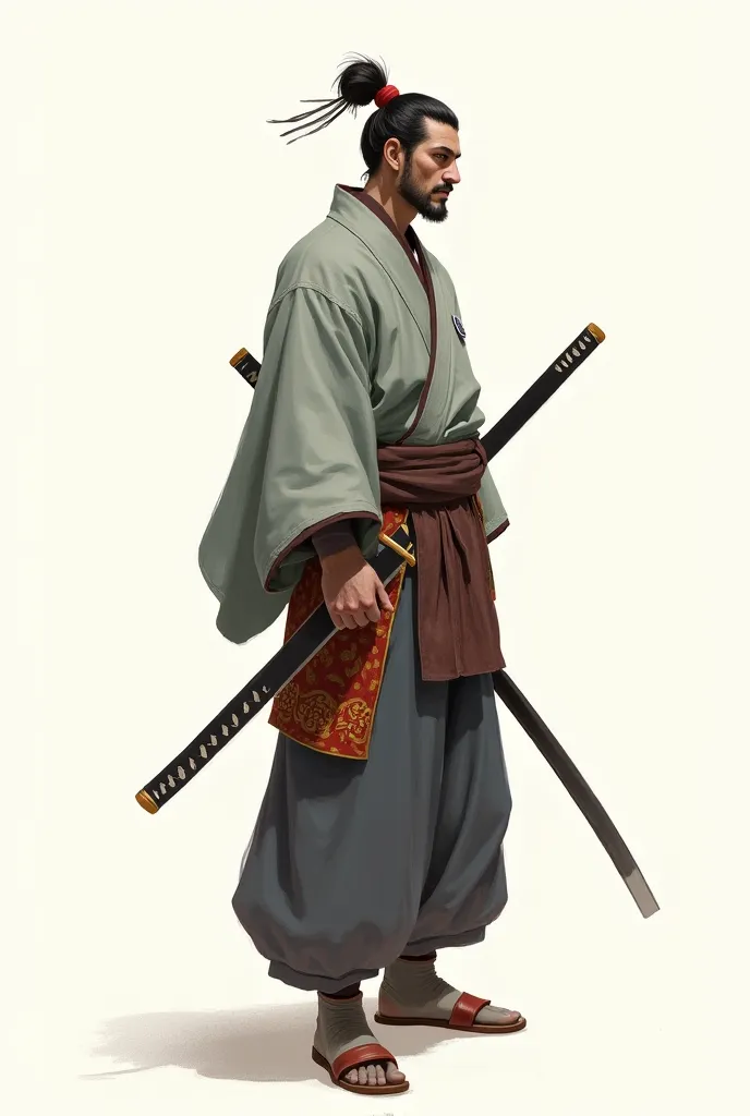 I would like to create a samurai character, the drawing can be simple, Who wears traditional Asian clothing that shows front and back