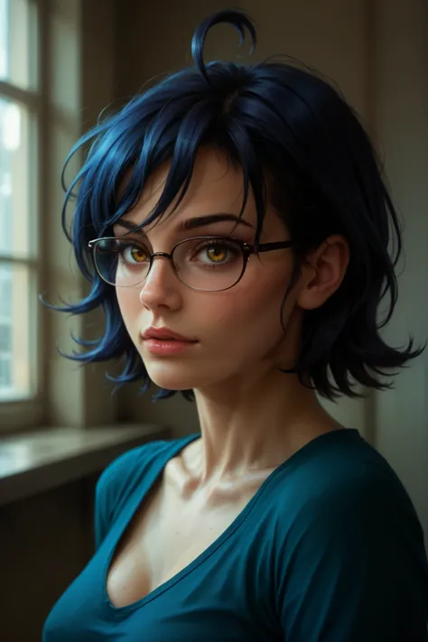 score_9, score_8_up, score_7_up, score_6_up, realistic, mz, glasses, ahoge, short hair, blue hair, detailed portrait of a young girl with striking yellow eyes, 8K Ultra HD with cinematic lighting, ray tracing, smooth skin, subtle blemishes. The soft reflec...