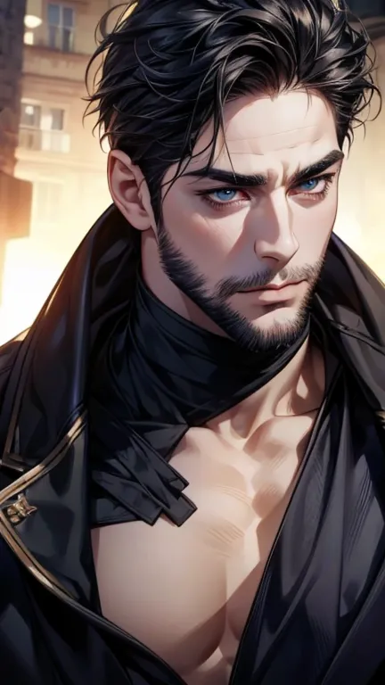 (best quality,4K,8k,highres,masterpiece:1.2),breasts,(Realistic,photoRealistic,photo-Realistic:1.37),36-year-old man,3 day beard,cute anime ,Portraits,strong,masculine,   dark hair,sharp jaw,   mesmerizing eyes   ,   perfectly styled hair,   cool anime out...