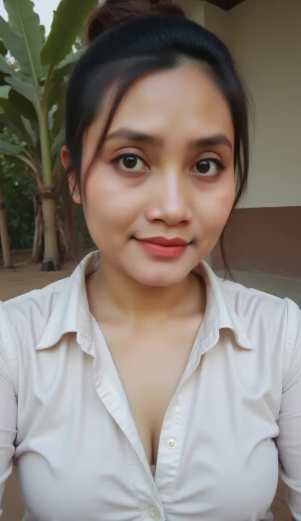 photography, her is taking selfie, an middle-aged Indonesian village woman 50 year old,  with an oval face, wide thin lips, detailed lips, a high nose, round eyes,  straight shoulder length hair, banana plantation,  village background, wearing white shirt ...