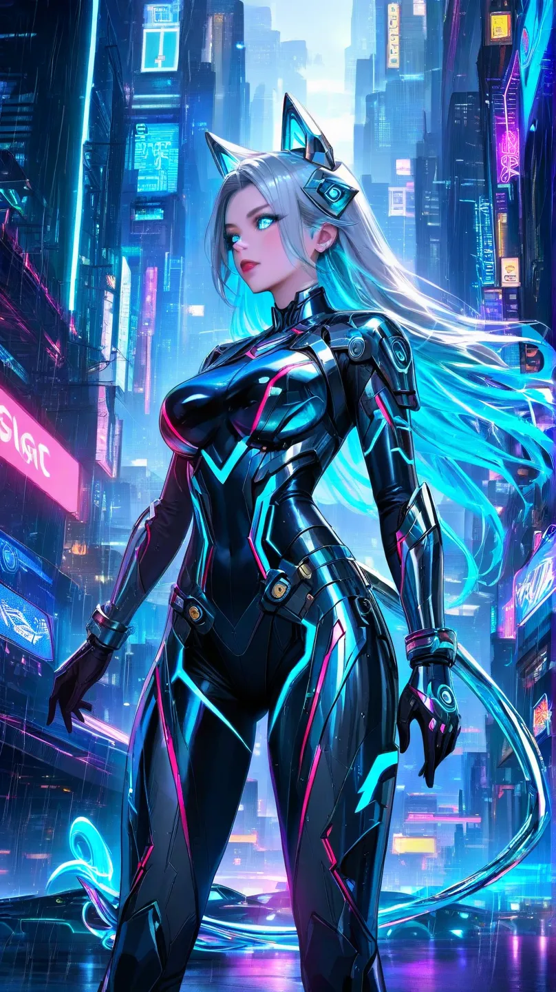 A breathtaking Cyberpunk Wolf Goddess with three glowing neon cybernetic tails, standing on a futuristic city rooftop under a neon-lit sky. Her sleek silver hair flows like liquid metal, and her piercing cybernetic eyes glow with an intense blue light. She...