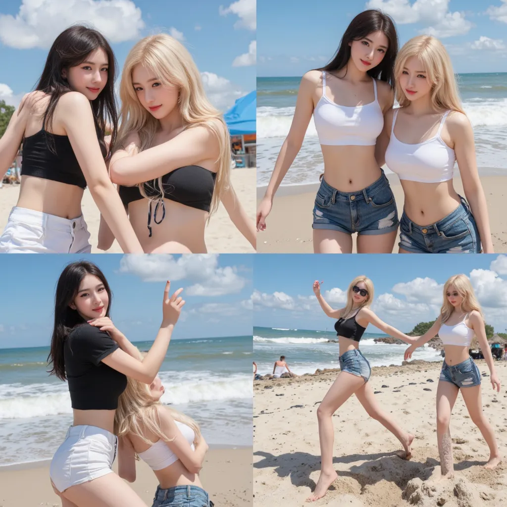 A beautiful young woman with dark hair and her best friend, a stunning blonde, having fun together on a beach. They are both wearing stylish summer outfits, one in a black crop top and white shorts, the other in a white crop top and blue denim shorts. They...