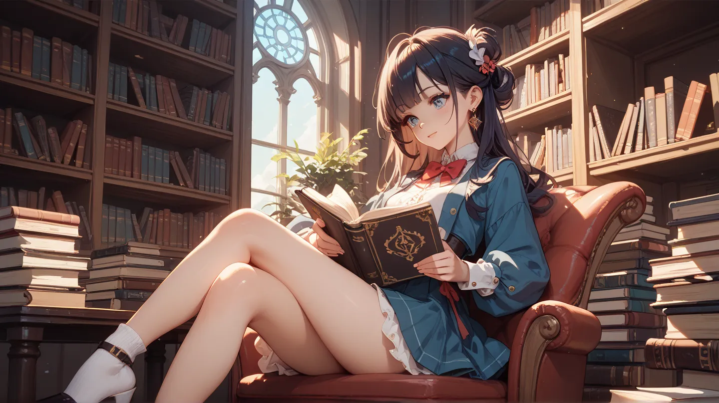 An image of a girl reading a book in the library with her legs crossed during the daytime moving all over