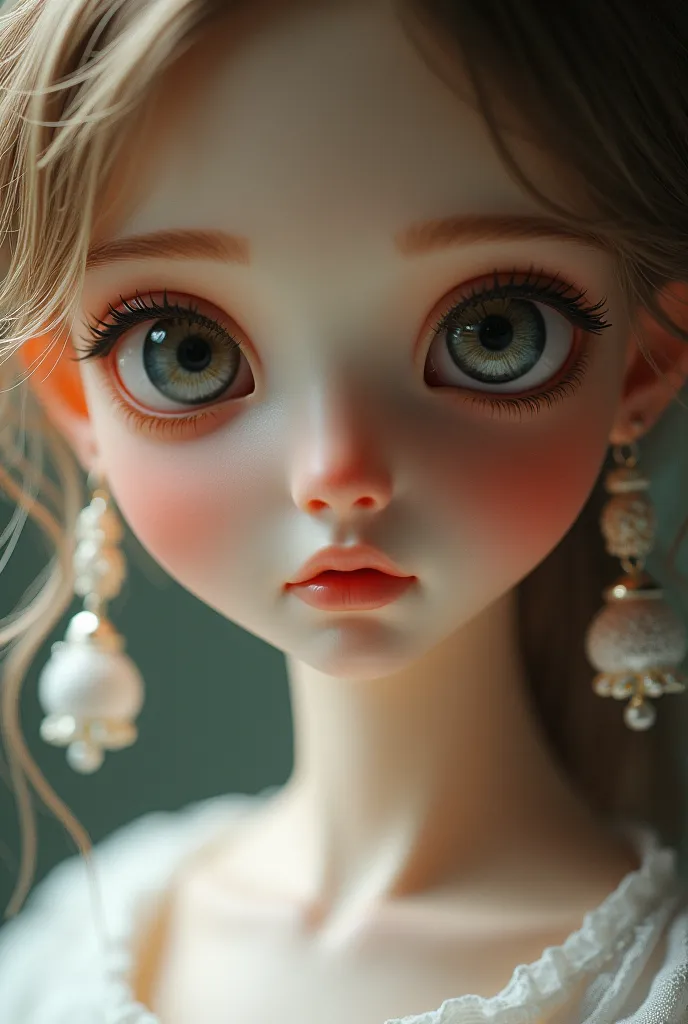 Face of an animated age doll with earrings 