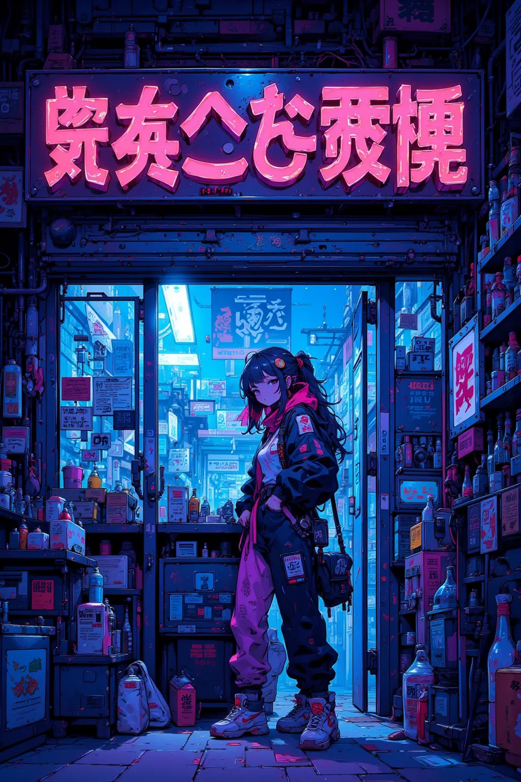 看板だらけのよく分からないお店の pixel アートのシーン, I don't know the shopkeeper's woman,CMYK palette, Lofi Girl ,驚くべき pixel アート, pixel アニメーションスタイルの街並み,Neon sign,Blue Light,Pixel art scene of an unfamiliar store full of, pixel アニメーション静止画アニメ色紙, pixel ゲームイラスト  , mamoru hosoda,  ...