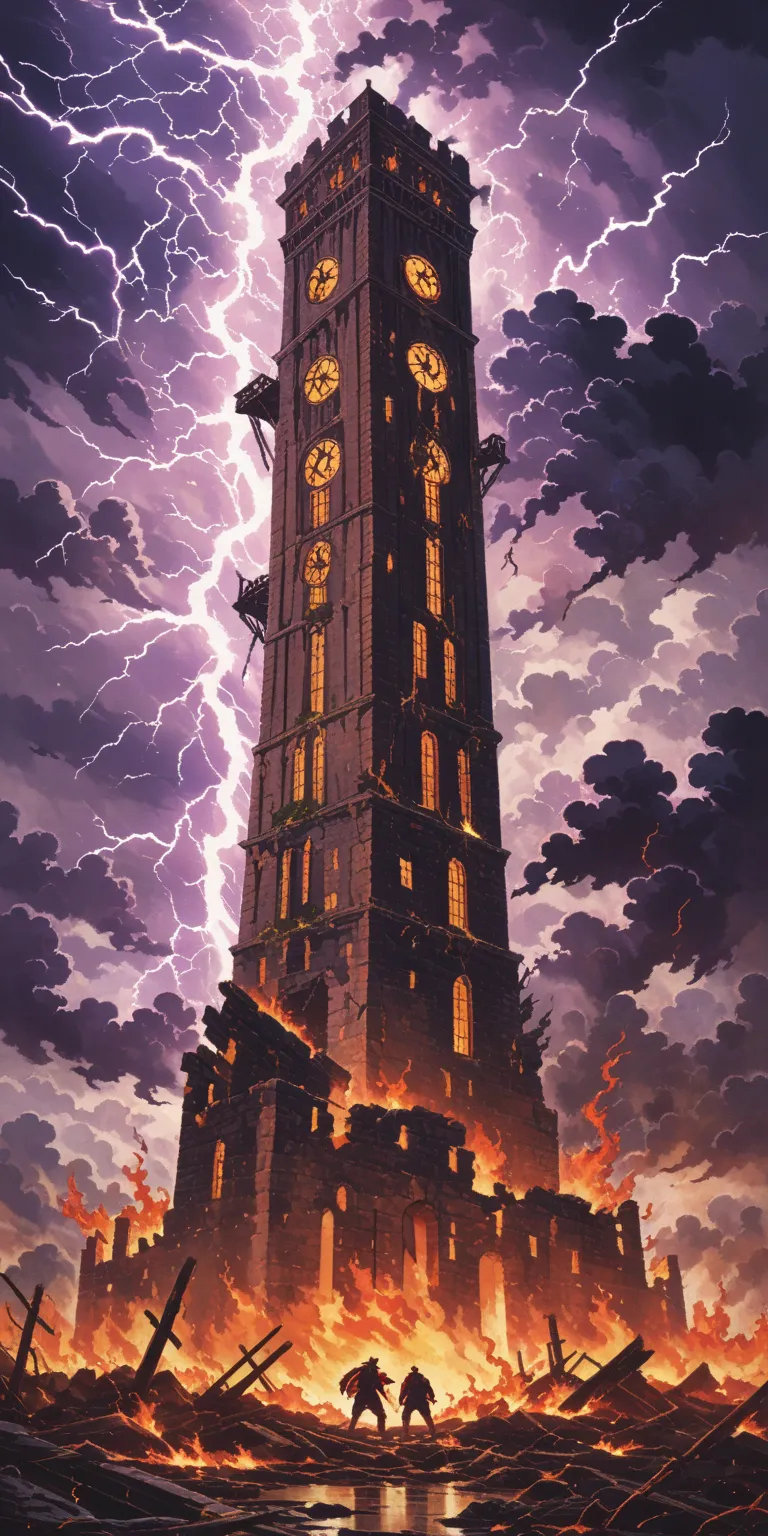 A tall tower is struck by lightning, with flames bursting from its windows. Two figures fall from the crumbling structure as storm clouds swirl ominously overhead.