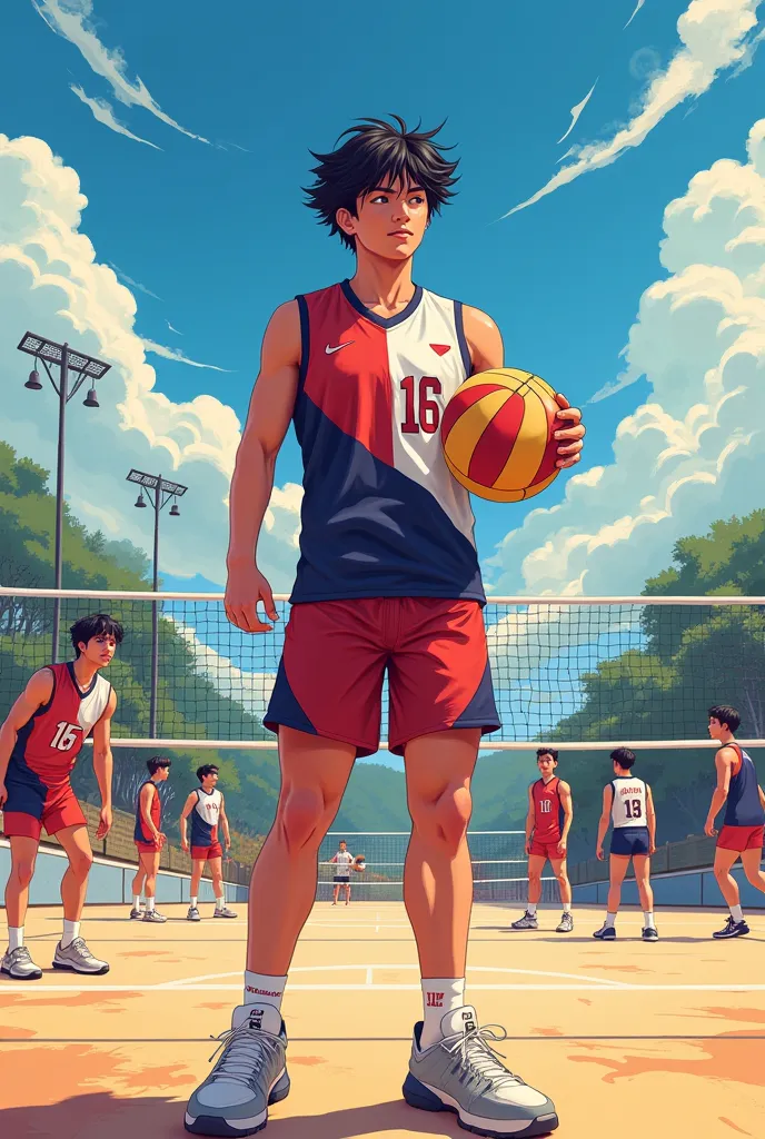 Make me cover page titled “ Journey to Self-Acceptance 

There’s a ager who is  and his height is 5’10 who wears sleeveless red, white and blue mixed jersey number 16 and playing volleyball and he is chubby and chinito the name of the team is HCCS