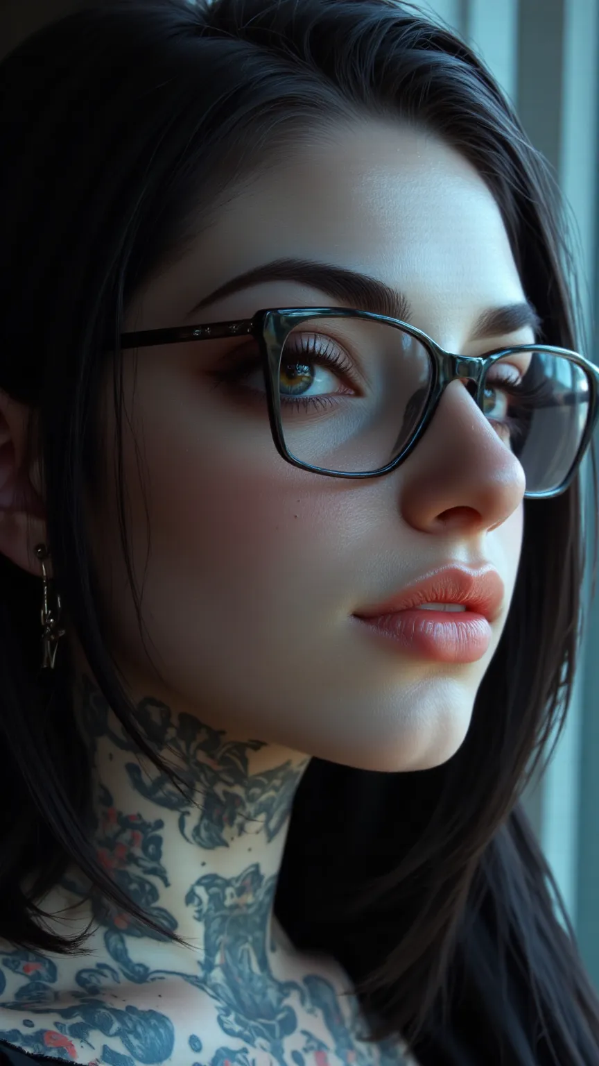 ((a woman with tattoos on her neck and face, Beautiful face of a cyberpunk girl, great digital art with details,  she wears rectangular black rimmed glasses you can see the reflection in the glasses of the glasses :1.5)),laying in a couch, wearing a mini b...