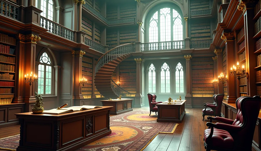 Create a highly detailed image of a grand, old-fashioned library. The library should be vast, with towering shelves filled with ancient books and grimoires, their spines adorned with intricate gold lettering. The shelves should stretch from the polished wo...