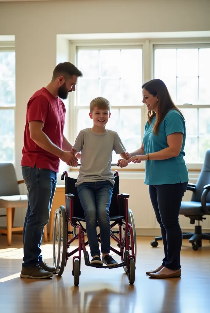  Dave finally managing to take his first steps again
A physical therapy room with bright walls and large windows that let light in. Dave,  now stronger , to get out of the wheelchair with effort, holding the parallel bars. His parents and physical therapis...