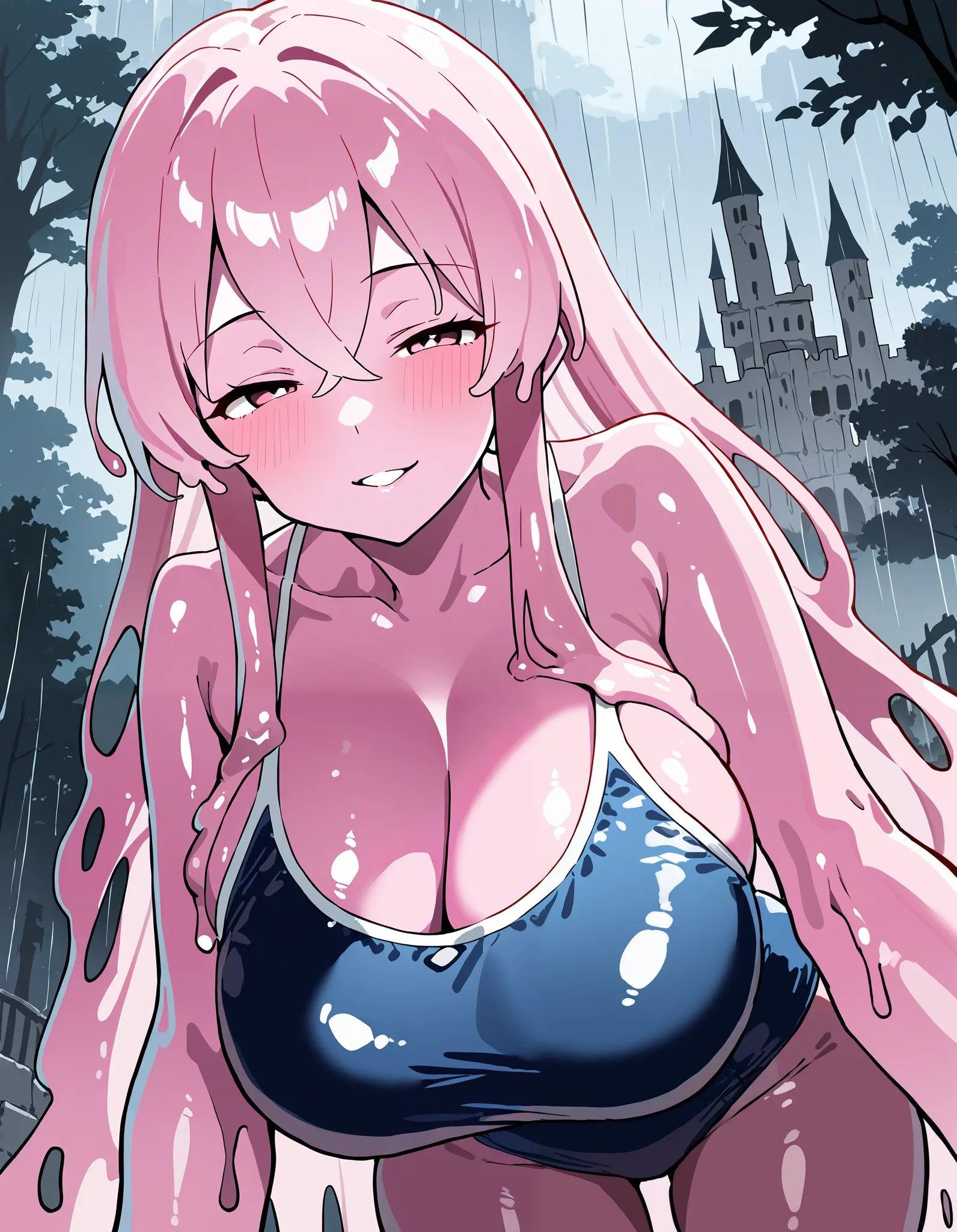 4K, 8K, masterpiece, ultra detailed, best quality, amazing quality, very aesthetic, 1girl, milf, solo, plump, voluptuous, slime girl, (colored skin, pink skin:1.3), yuyuko, (large breasts), (((pink hair), very long hair, crossed bangs, long sidelocks, pink...