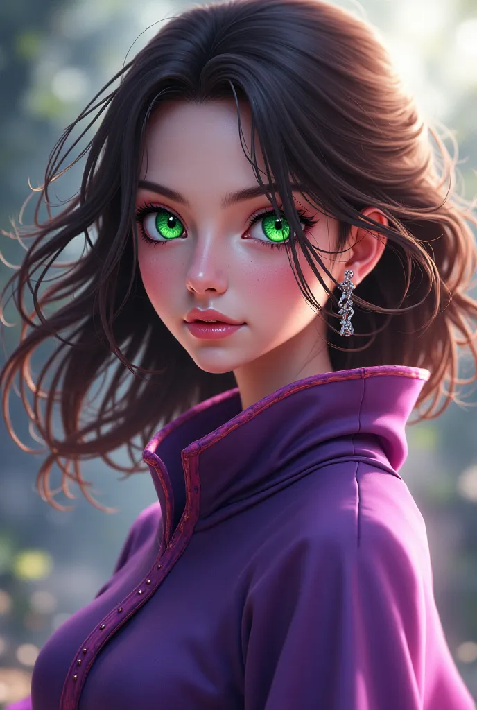 Female character from the Naruto universe. 
long brown hair, Green Eyes wears purple clothing