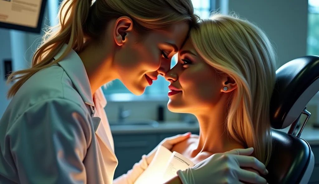 A very sexy dentist seducing her blonde patient with big  in the dental office 