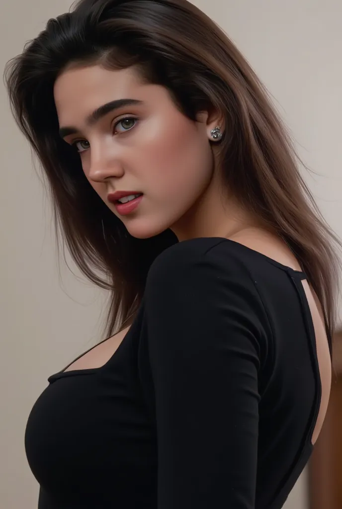 Extraordinarily beautiful Jennifer Connelly、from the side、I'm wearing a black sweater with a short cut and no fabric on the sides、the side of her plump breasts is visible、