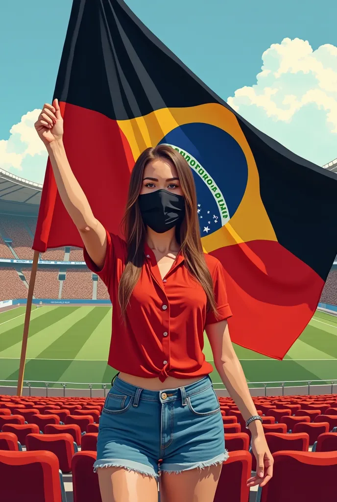 I would like you to create an image for me:

A woman holding a black and red flag in a grandstand at the Maracanã stadium, this woman has to be dressed in denim shorts and red blouse. On the face there must be a mask covering only the eyes. Create this ima...