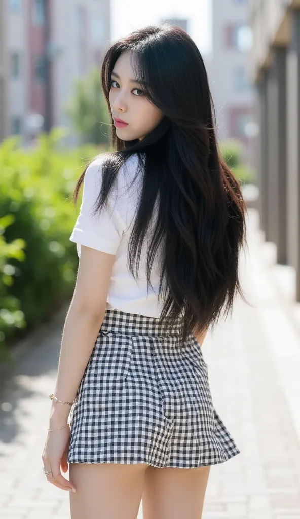 32K, Masterpiece, top quality, ( Beautiful Korean women)   seen from behind ,  long black hair ,  short-sleeved shirt, checkered miniskirt, suggestive pose, bend  , outdoor street background, Buildings, vegetation, daytime,  bright light , Matte background...