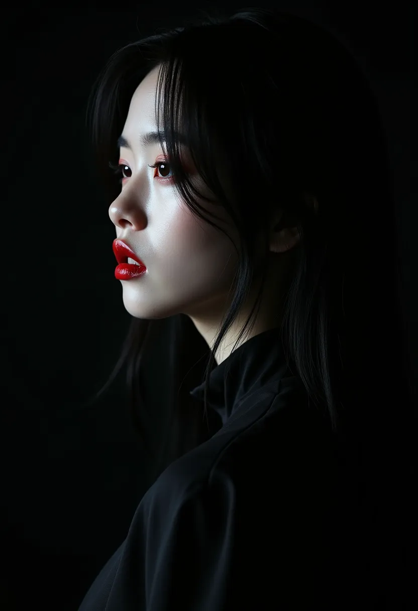 A 16k UHD, photorealistic, ultra-detailed close-up photo of a Korean vampire-like woman with porcelain pale skin, blood red lips, and jet black hair. She is seen in profile and has a dramatic minimalist Bill Henson-esque portrait with extreme chiaroscuro. ...