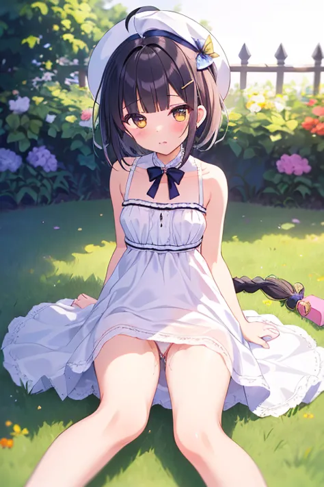 ((top quality)), ((masterpiece)), (Details), 1 girl。blunt bangs。Short Hair。braided ponytail。ahoge。Cute hair clip。 looks young。(small breasts)。(moving composition)。white dress。hat。garden。stroll。I can see my underwear。pussy juice spills。Lie down on the grass...