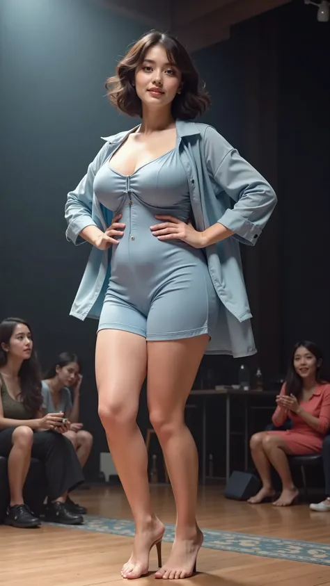 France in the 1970s, a woman(((Busty woman((Larger waist, Curved Plus Size Body ),very big boobs,sexy figure, golden ratio ,(Short, fluffy, slightly curly hair ))),Full body in the picture ,Wear light blue loose and comfortable one-piece pajamas, exposing ...