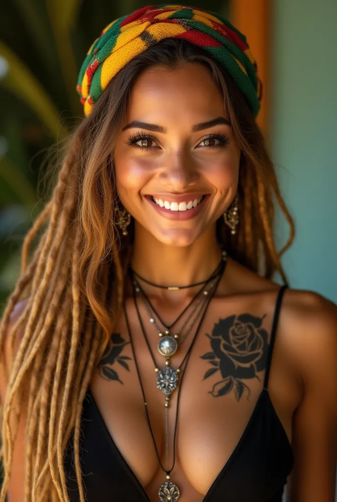 A stunningly sensual 19-year-old Brazilian woman with sun-kissed, glowing skin, hypnotic brown eyes, and an enchanting smile. Her long, voluminous hair consists of golden dreadlocks, cascading seductively over her shoulders. She wears a vibrant headscarf i...