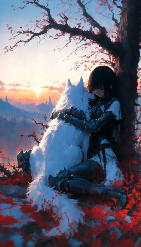 close up of a girl .heavy armor,clear sky,Game of luses,sunset,artistic contrast.white wolf.thorns,blood,1 girl sitting,Lying in a tree,wolf lying on top,Hug,( masterpiece, best quality), safe, bangs of incredible quality , very aesthetically pleas...
