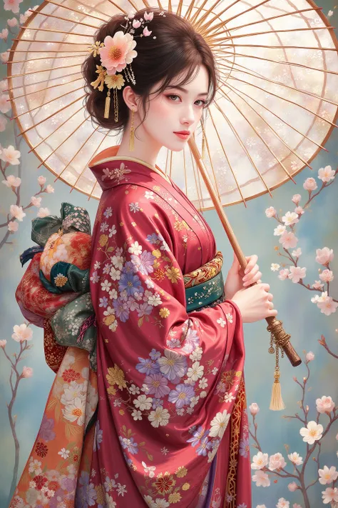 (top quality,  nothing , greatest masterpiece:1.4),Girl with a Japanese Umbrella、Wears a Beautiful Japanese Kimono、Colorful Plum Blossoms、pastel background、Oil Painting and Digital Art、Delicate and Bold Details、  Impressive Works of Art  。White and Red Plu...