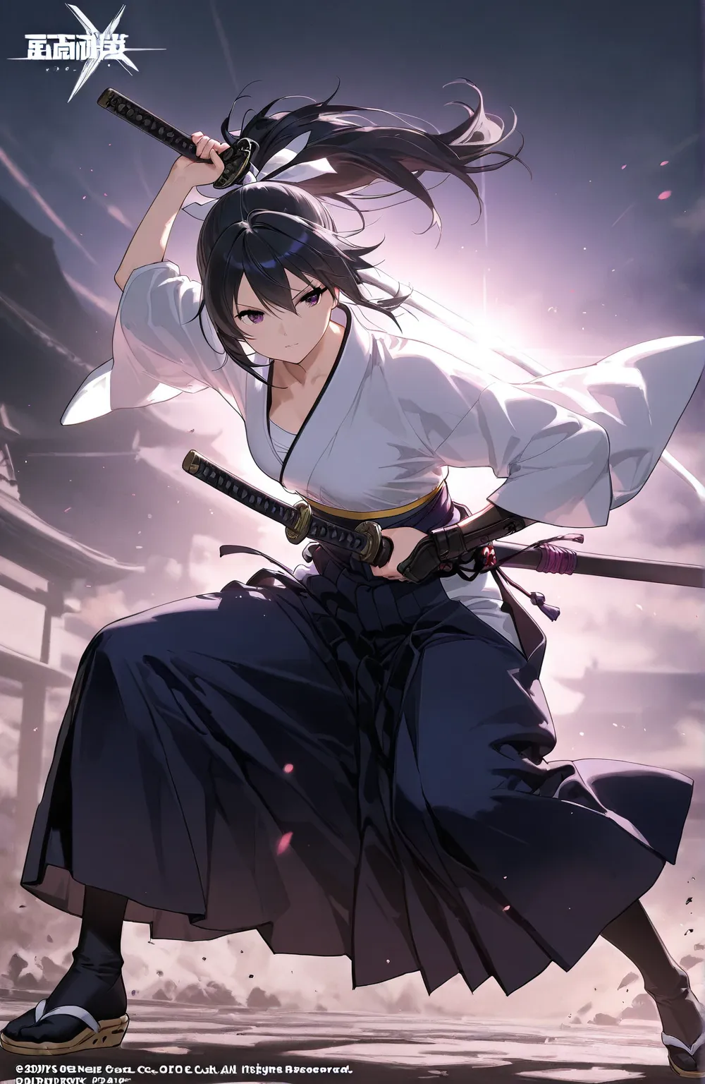 Black、full body、 black hair、Details、Japanese clothing、Long sword、ponytail、 fight scene、with bangs