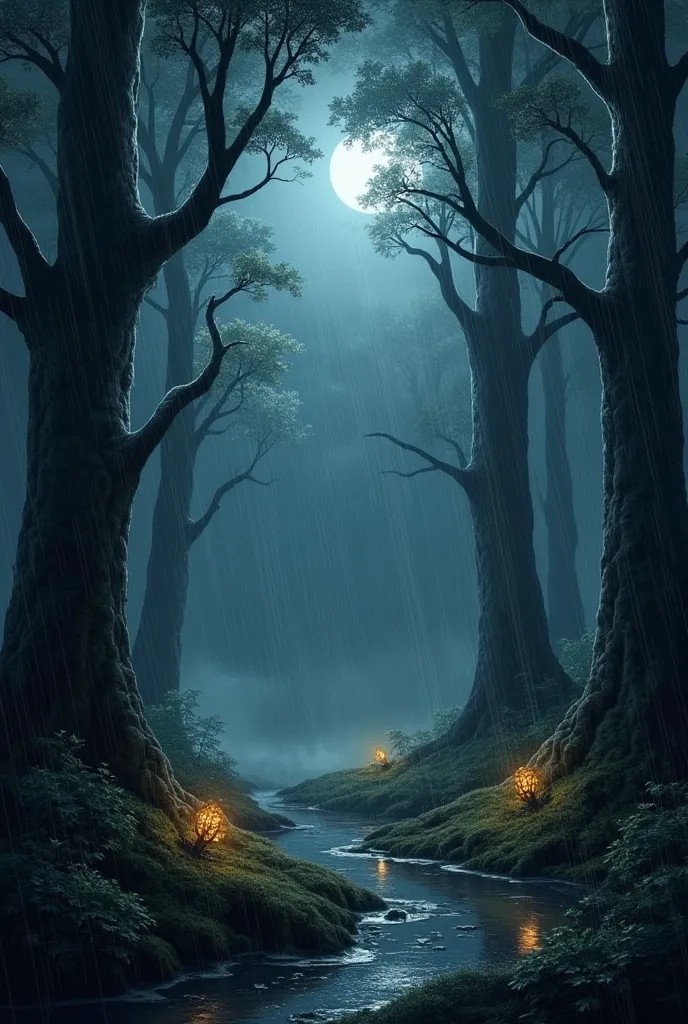 Forest at night and rain