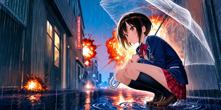 Good Japanese black haired high school student crouching and holding a transparent vinyl umbrella There are shootouts going on in the city, and there are many bullet marks on roads and walls where bullets are flying around, explosions and fires are in the ...