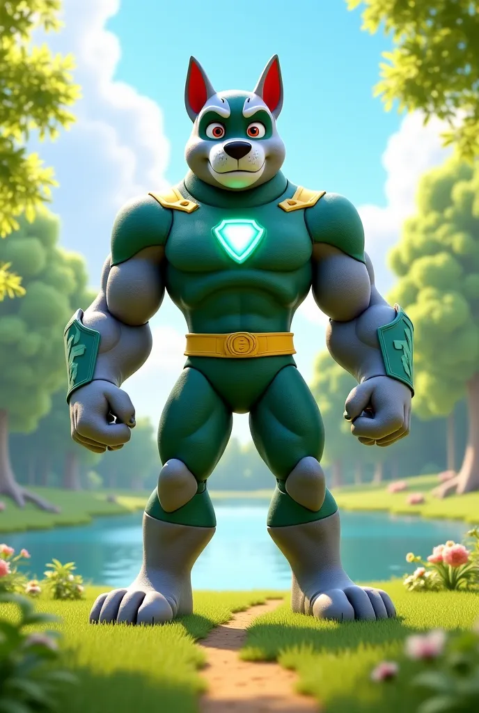 Rocky as a "giant superman shape"spring green shirt and white green cap transformation into "giant superhero shape"3d, 4k, Lake grassy path paw patrol 

