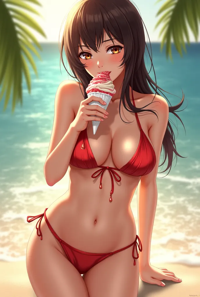 Create a picture of Kurumi sitting in a bikini and holding ice cream that flows down her chest