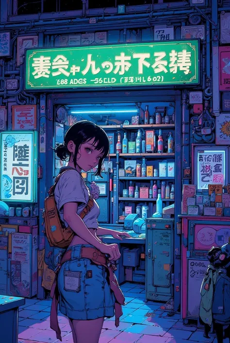 看板だらけのよく分からないお店の pixel アートのシーン, I don't know the shopkeeper's woman,CMYK palette, Lofi Girl ,驚くべき pixel アート, pixel アニメーションスタイルの街並み,Neon sign,Blue Light,Pixel art scene of an unfamiliar store full of, pixel アニメーション静止画アニメ色紙, pixel ゲームイラスト  , mamoru hosoda,  ...