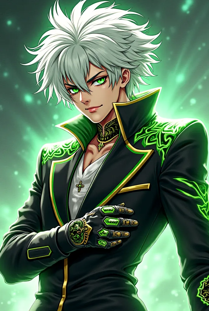 
Prompt (inglês para melhor resultado):
*"A 17-year-old male character with messy white hair that has glowing green highlights. He has a cold yet playful expression, with sharp, intense eyes. His outfit is highly exaggerated in the style of JoJo’s Bizarre ...