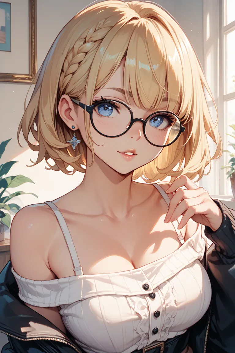 blonde long　blue eyes　off shoulder knit　Erotic　Provocative face　black rimmed glasses