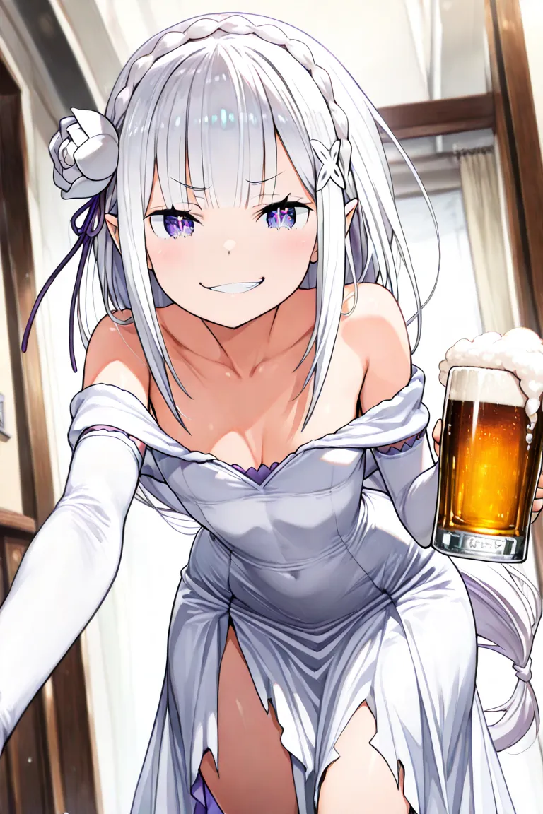  (masterpiece:1.2), (best quality:1.2), newest, intricate details, perfect anatomy,  1girl :1.2, (Emilia (re:Zero):1.2), ((plain white wedding dress:1.1, long dress:1.2, off-shoulder dress:1.5, sleeveless:1.3, front slit:1.3, torn dress skirt:1.4, white el...