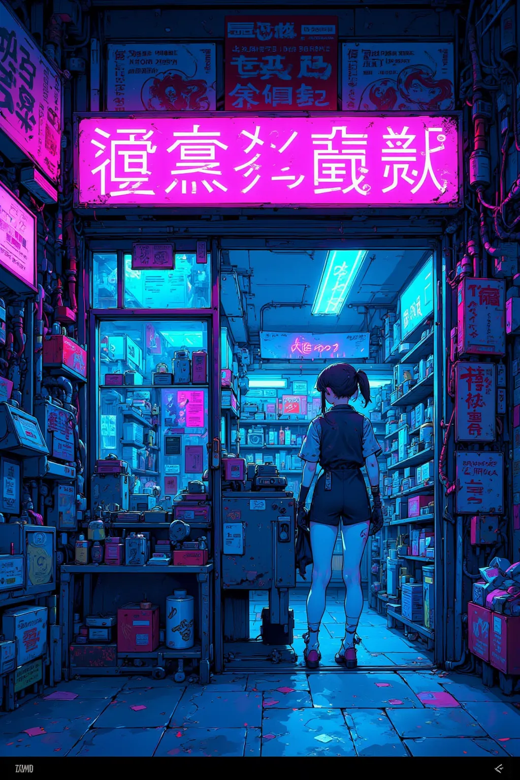 看板だらけのよく分からないお店の pixel アートのシーン, I don't know the shopkeeper's woman,CMYK palette, Lofi Girl ,驚くべき pixel アート, pixel アニメーションスタイルの街並み,Neon sign,Blue Light,Pixel art scene of an unfamiliar store full of, pixel アニメーション静止画アニメ色紙, pixel ゲームイラスト  , mamoru hosoda,  ...