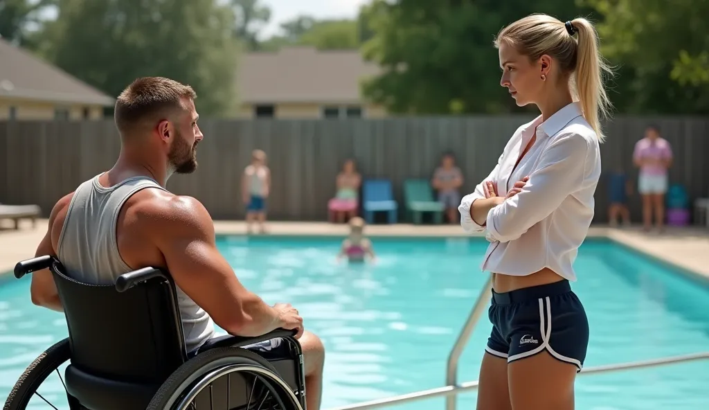 A highly realistic dramatic scene at a community pool on a hot summer day. In the foreground, a muscular, determined Marine veteran in his late 30s, with short brown hair and a strong upper body, is sitting in a high-tech titanium wheelchair. He is wearing...