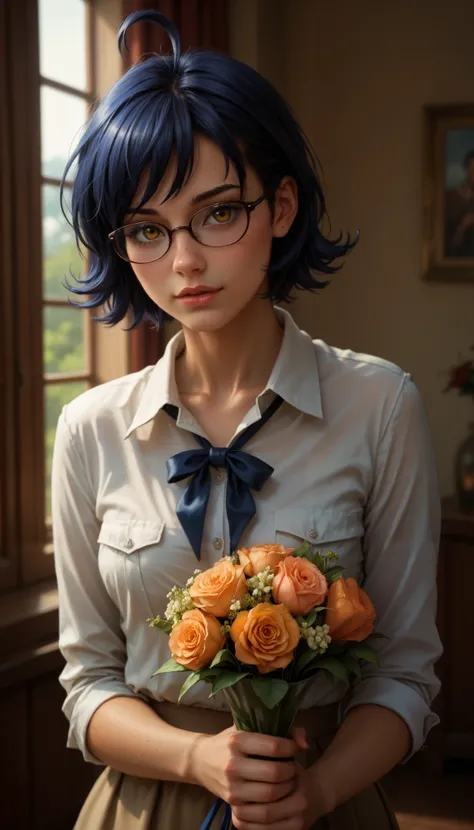 score_9, score_8_up, score_7_up, score_6_up, realistic, mz, glasses, ahoge, short hair, blue hair, detailed portrait of a young girl with striking yellow eyes, 8K Ultra HD with cinematic lighting, ray tracing, smooth skin, subtle blemishes. The soft reflec...
