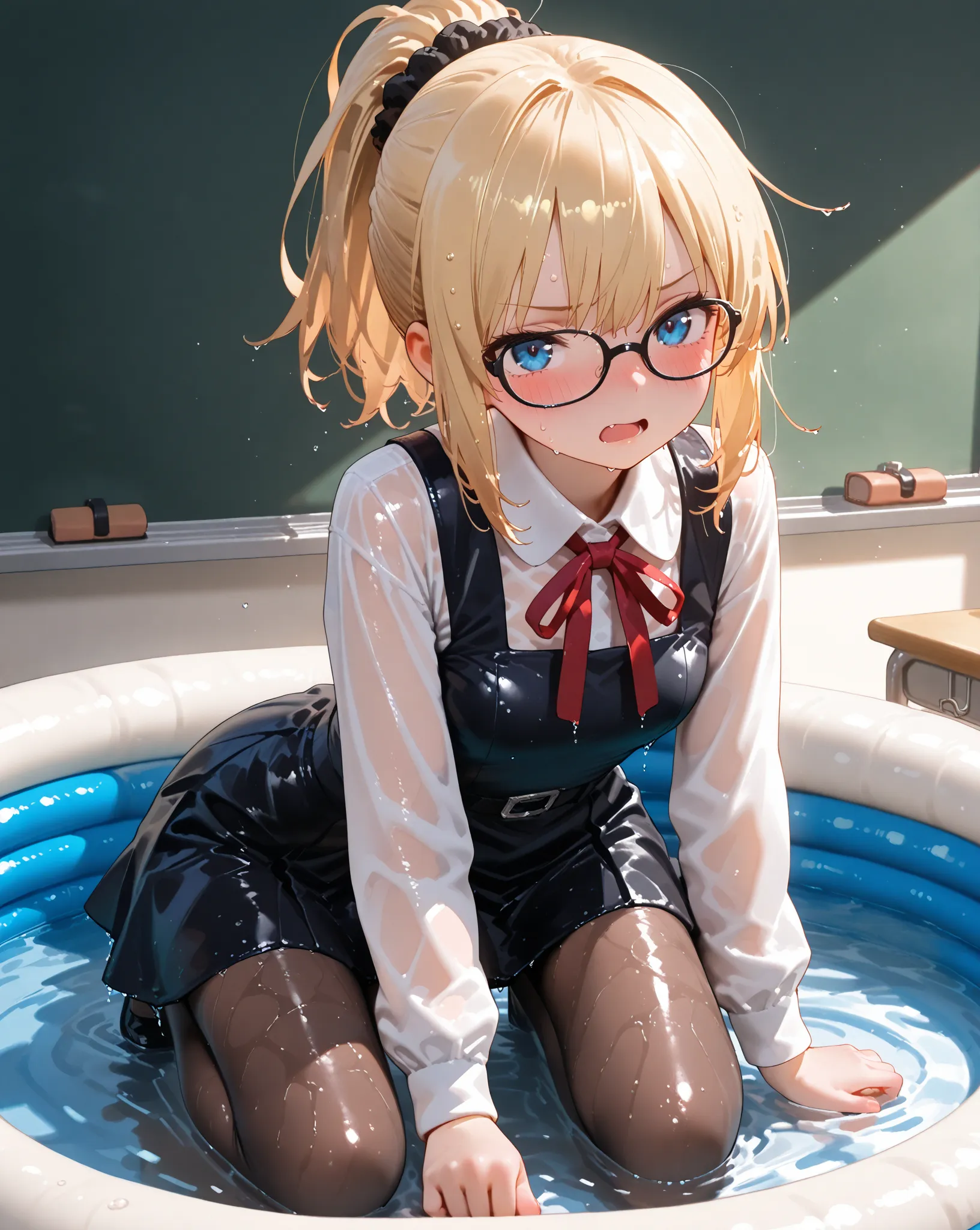 masterpiece, best quality, amazing quality, highres, absurdres, incredibly absurdres, 8k, 1girl, wet, wet hair, wet clothes, wet skin, very wet skin, shiny skin, shiny clothes, Suchwet, spectacles, pinafore dress, white shirt, pantyhose, kneeling, partiall...