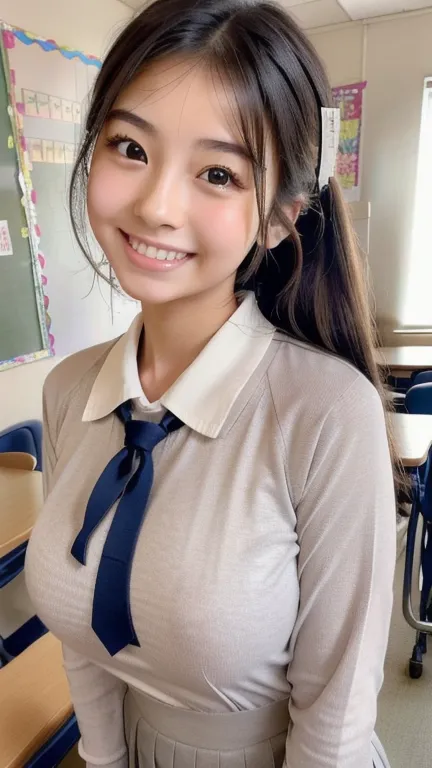 (best quality,masterpiece:1.3, Ultra High Definition ), (realistic:1.4, RAW shooting、)Ultra-realistic Capture、very detailed、Natural Skin Texture、masterpiece、(  Japanese girl in uniform in a high school classroom:1.3)、hair that flutters in the wind、  adorab...