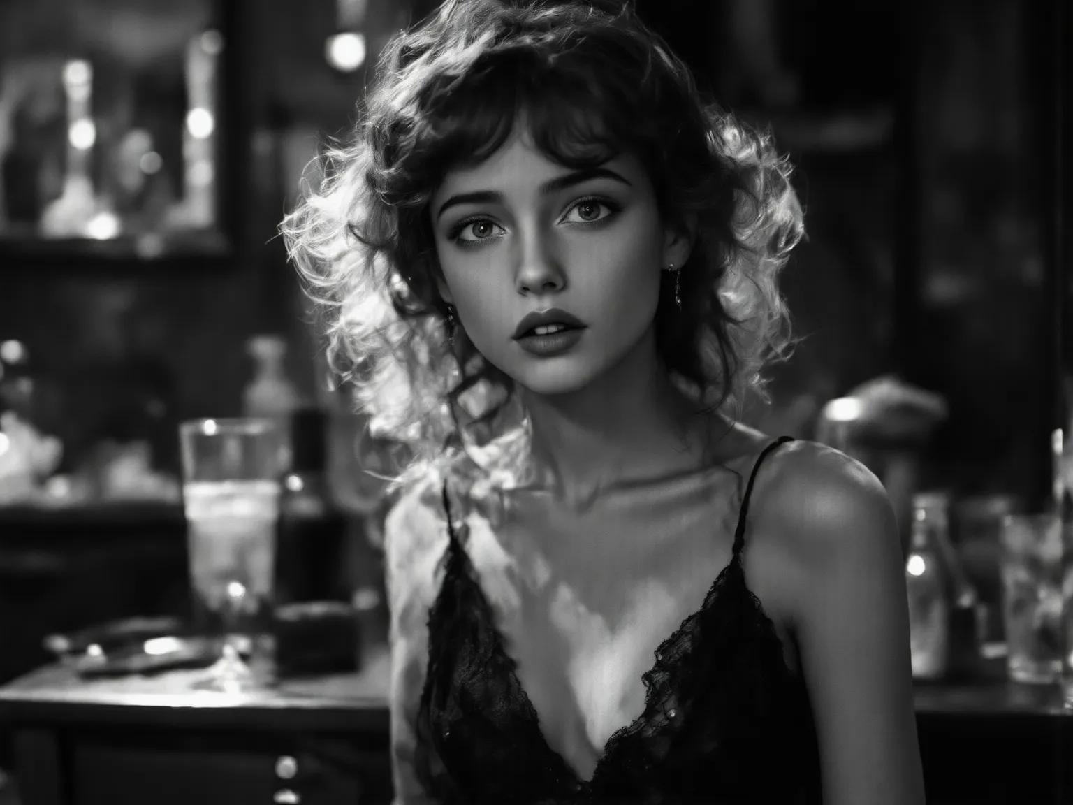 8k, Masterpiece, Top Quality, Close-up, slightly low-angle, A cinematic 1930s style black and white photo of 1930s young  girl age15, gorgeous face, petite, slim and skinny body, black revealing lace dress, cinematic hollywood lighting, black and white. Mo...