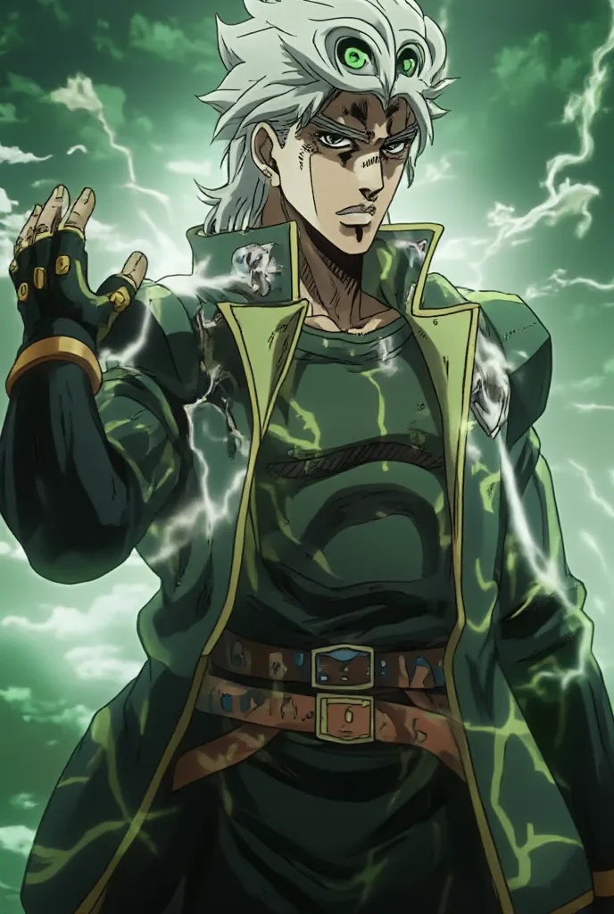 
Prompt (inglês para melhor resultado):
*"A 17-year-old male character with messy white hair that has glowing green highlights. He has a cold yet playful expression, with sharp, intense eyes. His outfit is highly exaggerated in the style of JoJo’s Bizarre ...