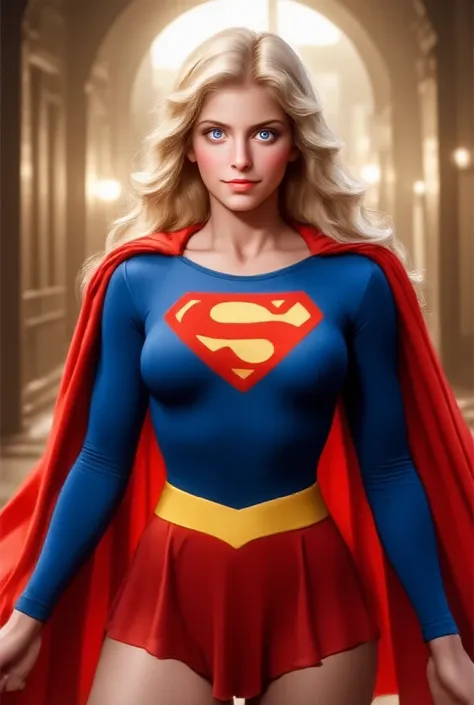 Angled view. SEXY Blonde SUPERGIRL with big BLUE EYES and Enormous boobs. Her arms wide. Flirty pose. The long majestic cape extends to the ground. The vibrant royal blue spandex top with long sleeves, adorned with a bold, raised red and yellow 'S' emblem ...