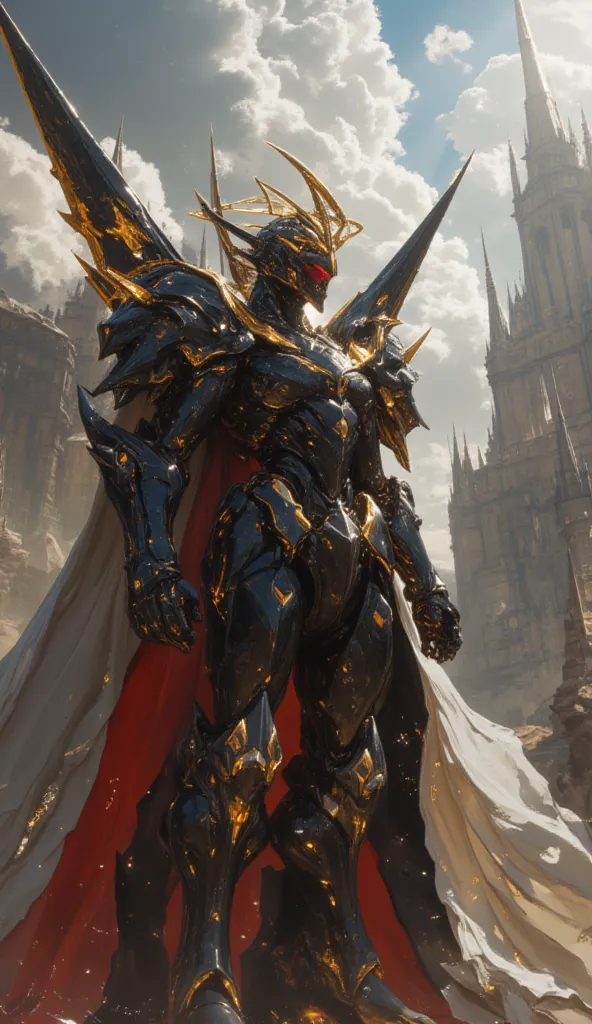 alphamon, royal knight digimon, holy, intricate armor, wings, halo, ethereal, clad in heavy black armor with gold trimming,with shabby grey cloak,and red head parts,  It has airfoils attached to it pauldrons with gold spoilers on the bottom and a smaller p...