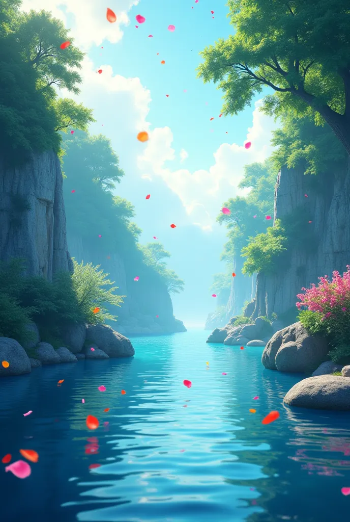 work of art, best qualityer, (very detailed CG 8k unity wallpaper) (best qualityer), (best illustration), (better shadows) naturey&#39, blue sea,delicate leaves, petals of various colors falling in the air, tracking light, super verbose and Rohit write on ...