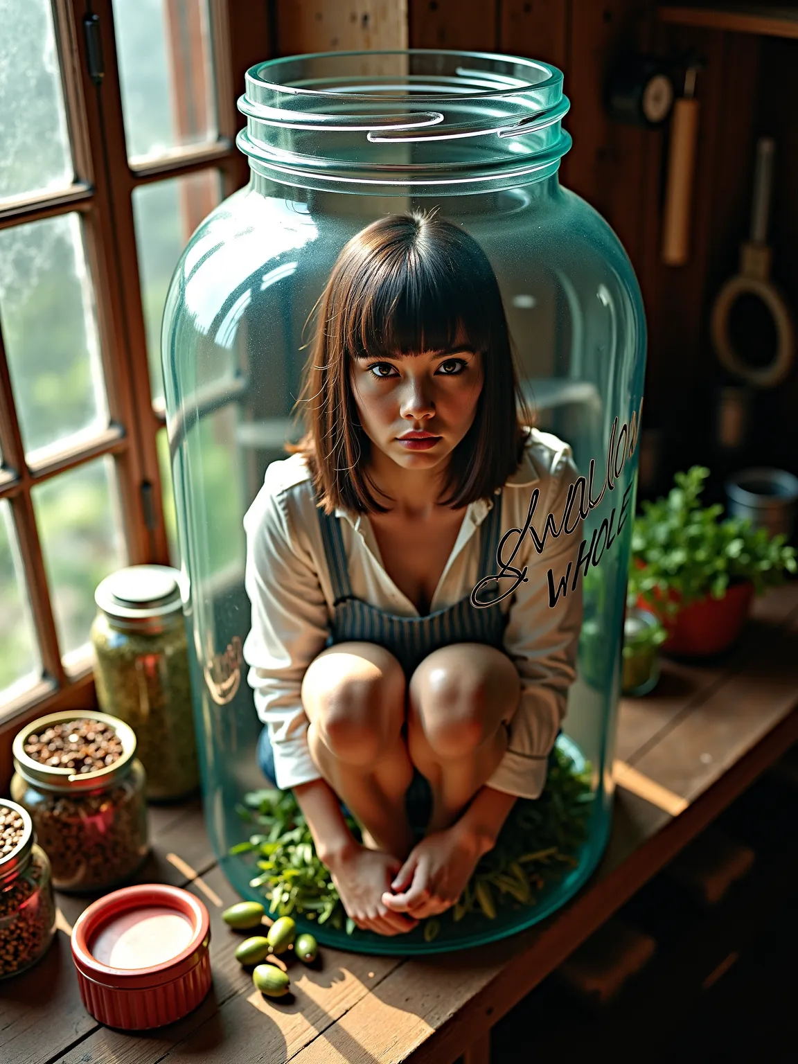 A top down photographic style shot of a woman, brown skin, straight hair with blunt bangs, brown eyes. The woman is kneeling alone inside of a giant glass mason jar with the lid on, on a giant wooden windowsill with various utensils, containers, and herbs ...